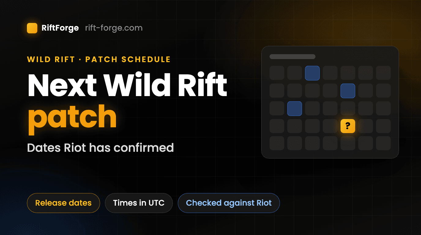 Portada de RiftForge: «Next Wild Rift patch» junto a un calendario con tres días en azul y uno en ámbar marcado con un signo de interrogación