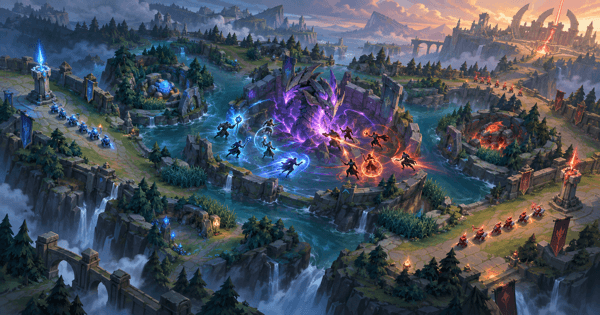 Original MOBA-style artwork with two teams contesting an epic objective while minion waves pressure side lanes