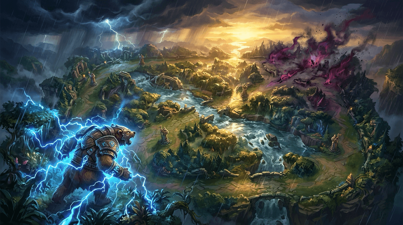 Patch 7.3b de Wild Rift: um urso guerreiro carregado de raios avança pela selva de um mapa MOBA ao pôr do sol
