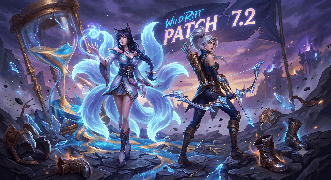 Ilustración de portada del parche 7.2 de Wild Rift con Ahri y Yunara